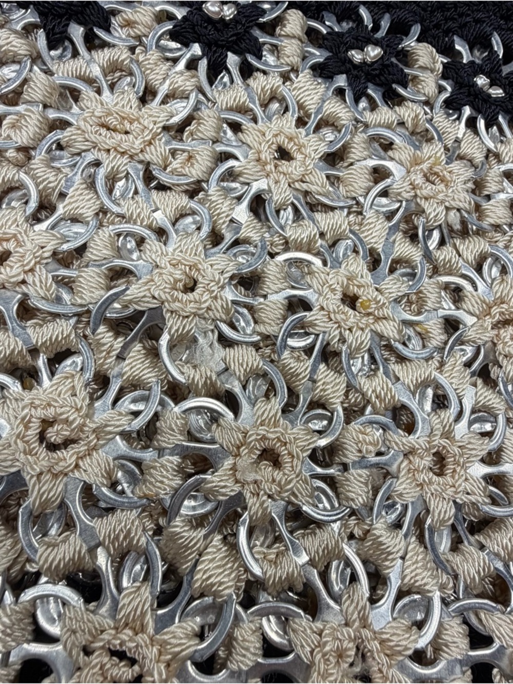 Upcycled Pop Soda Tab Crochet Shoulder Bag Black Cream Handmade Boho Festival - Picture 8 of 10